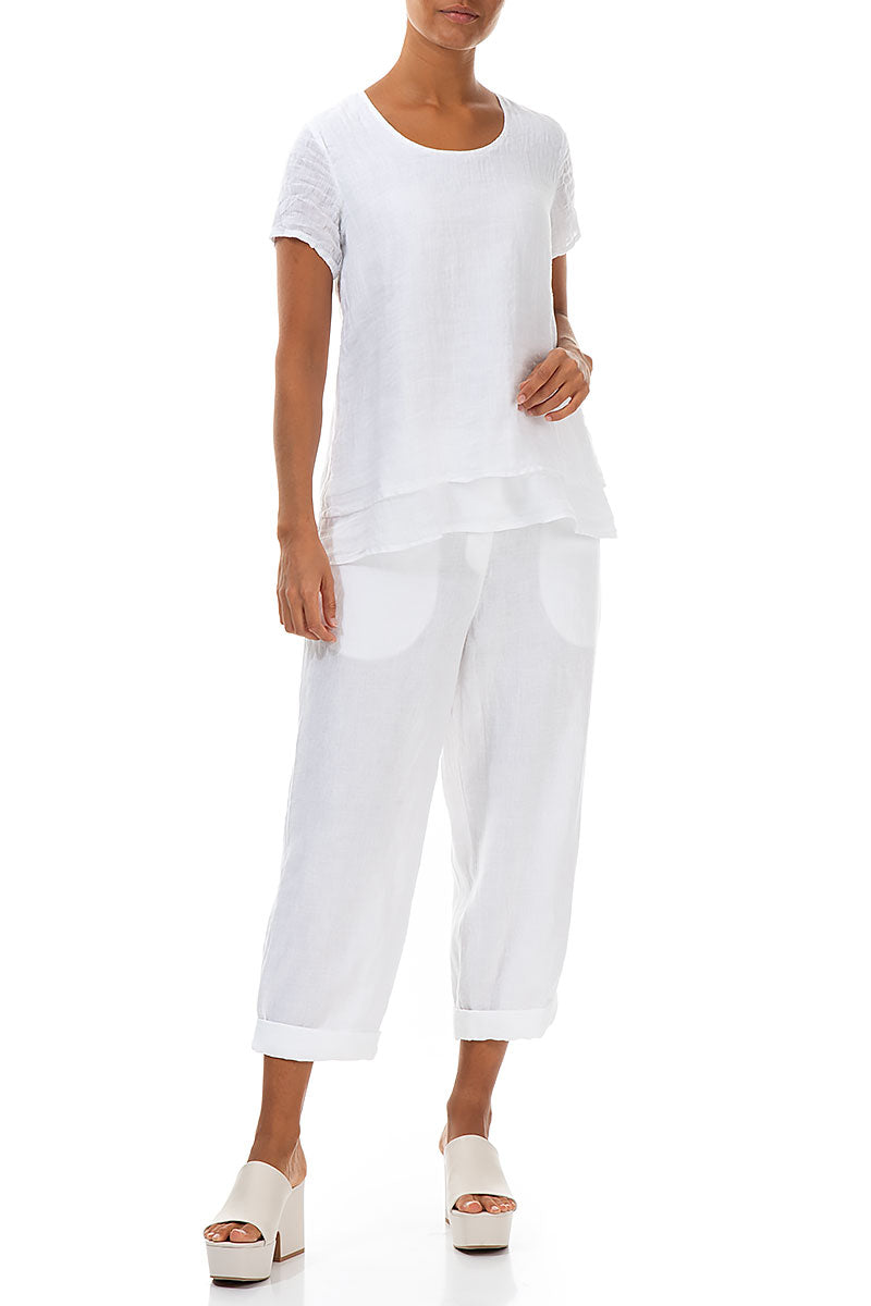 Layered Short Sleeves White Gauze Linen Blouse 4