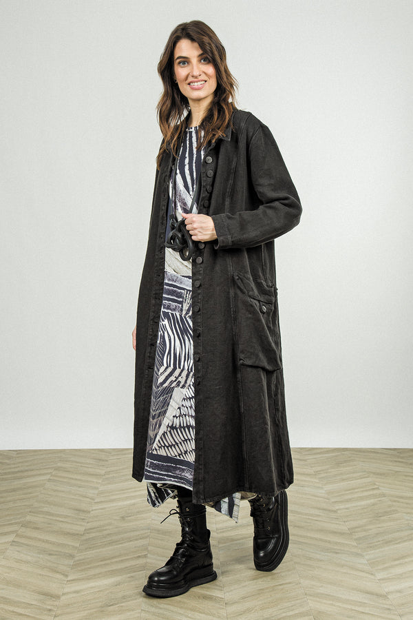 Long Buttonline Black Heavy Linen Jacket 1
