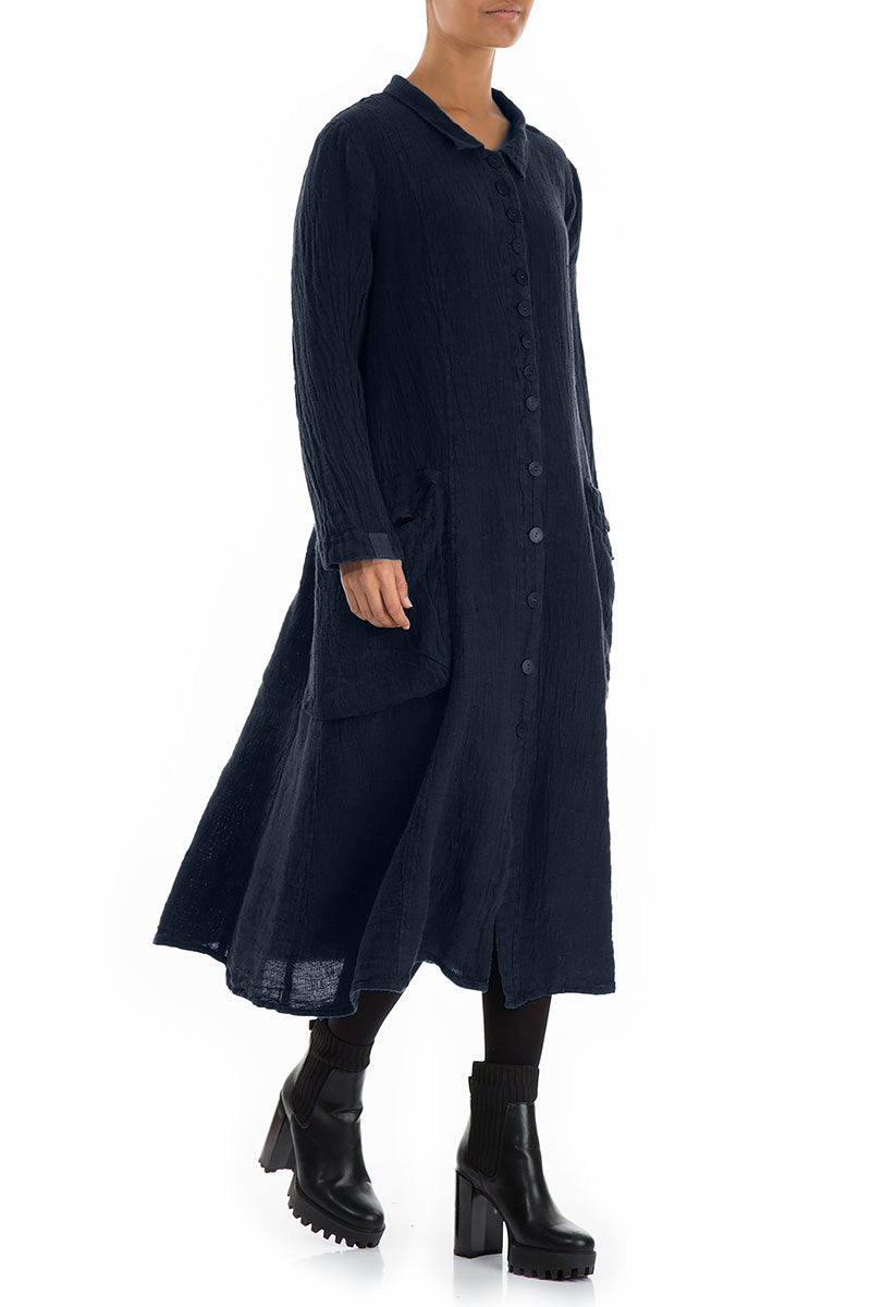 Long Buttonline Royal Blue Mélange Linen Jacket 3