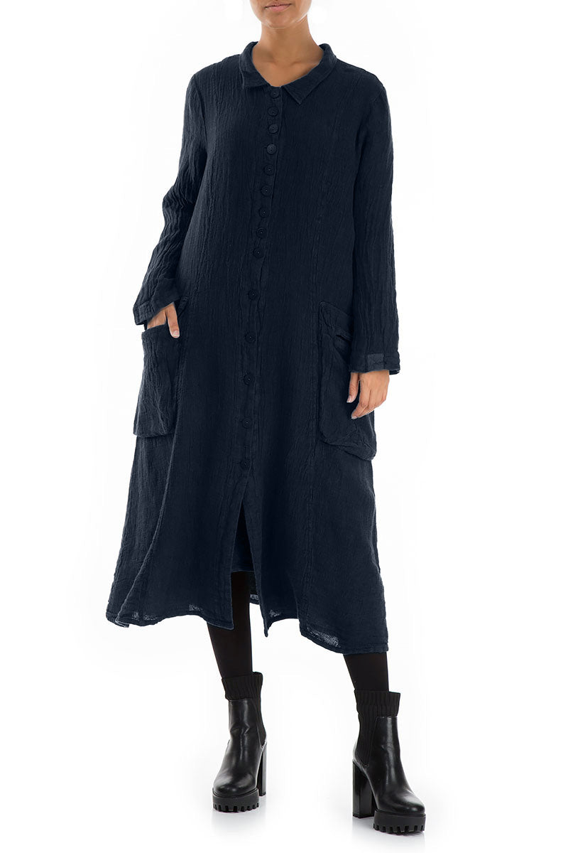 Long Buttonline Royal Blue Mélange Linen Jacket 4
