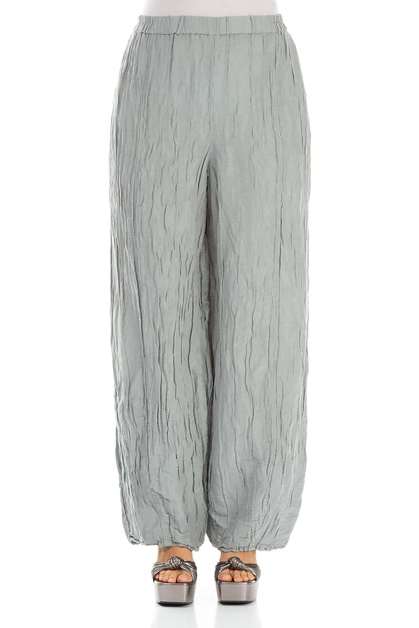 Long Crinkled Light Grey Silk Linen Trousers 1
