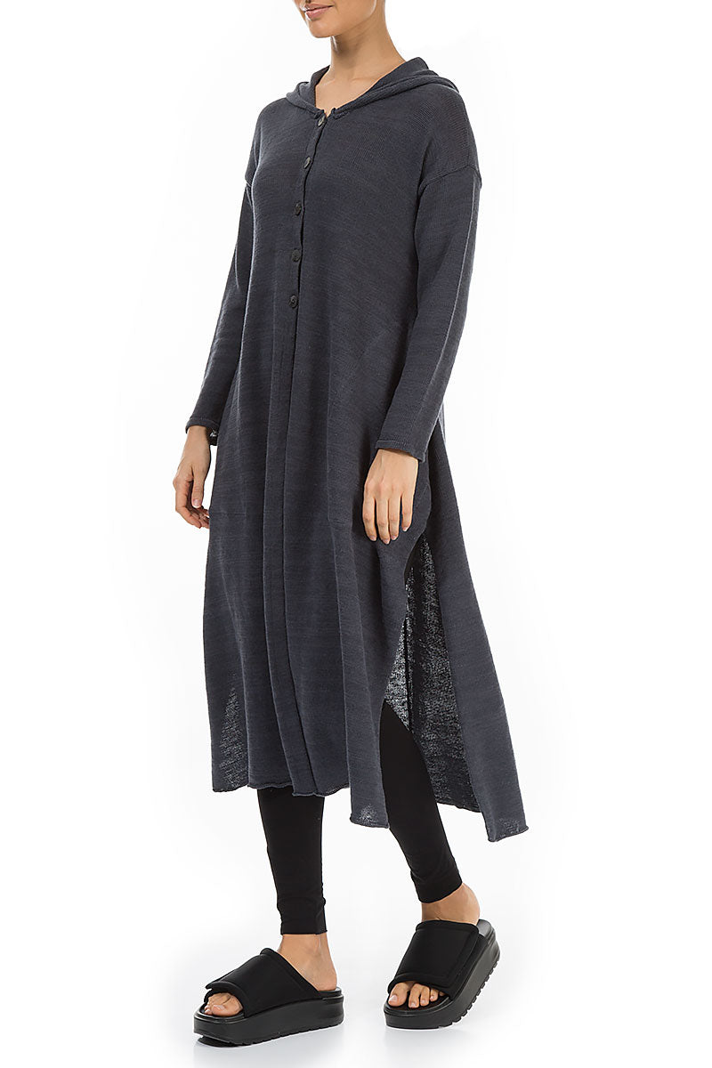 Long Hooded Graphite Linen Cardigan 3