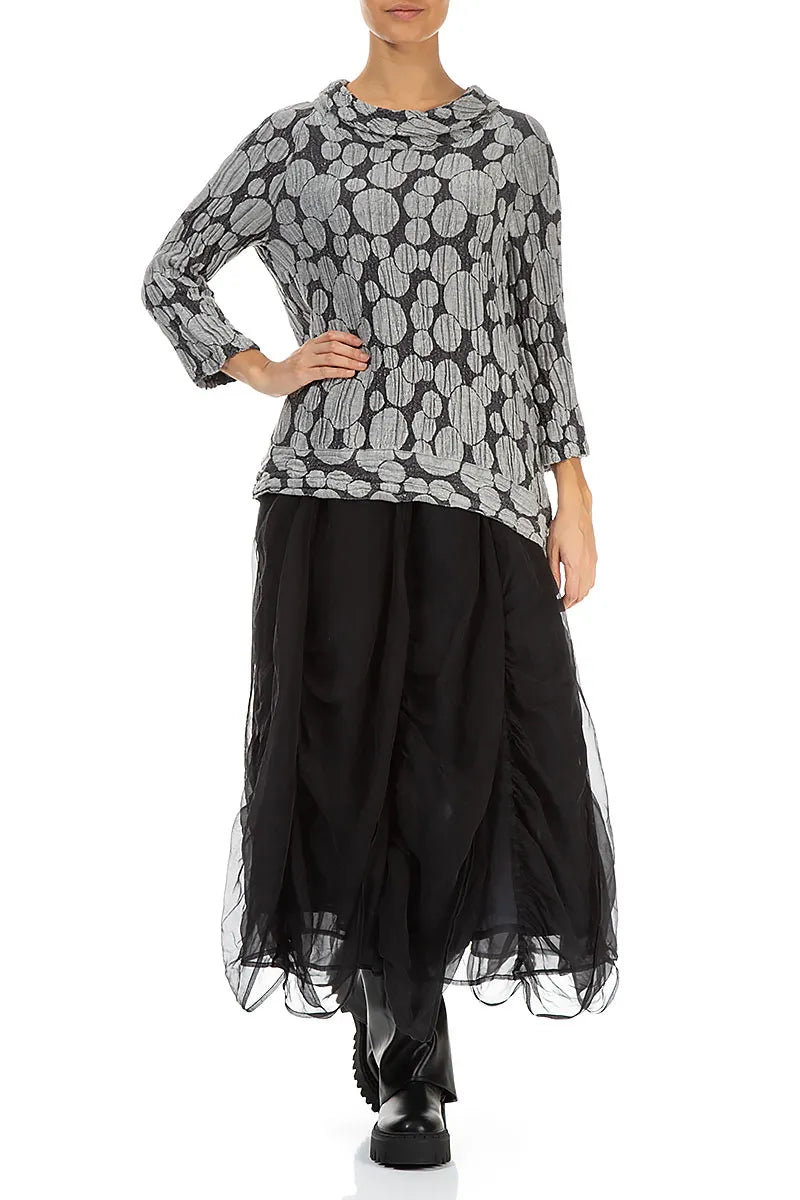 Kurzärmelige Bluse aus silbernem Seidenleinen mit Kreismuster