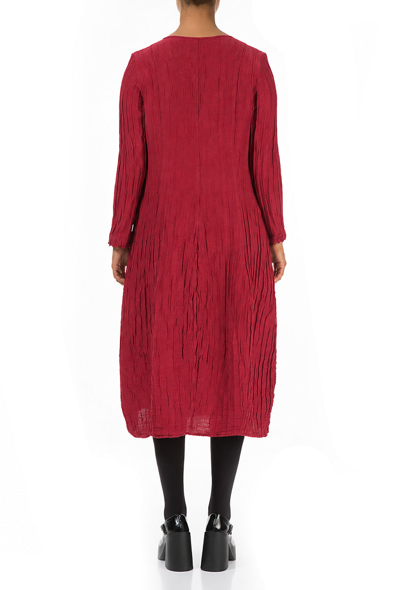Long Sleeves V-Neck Crinkled Ruby Silk Dress