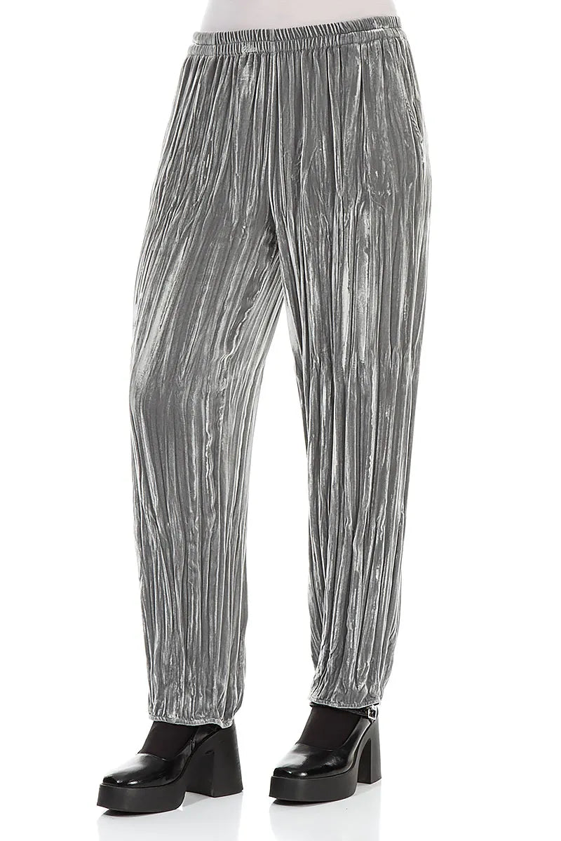 Long Taper Silver Crumpled Silk Velvet Trousers 3