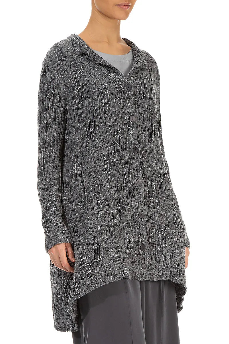 Veste longue en lin et soie texturé argentée à dos nu