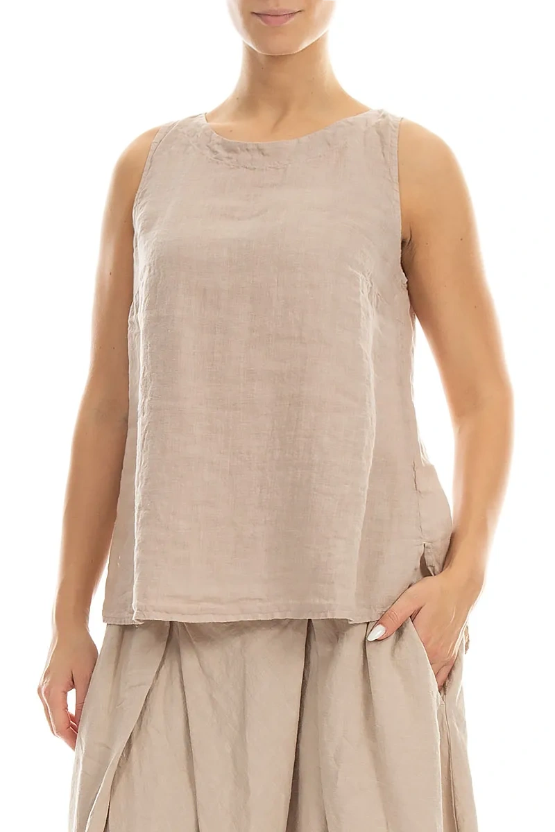 Haut sans manches en lin beige, coupe plus longue au dos