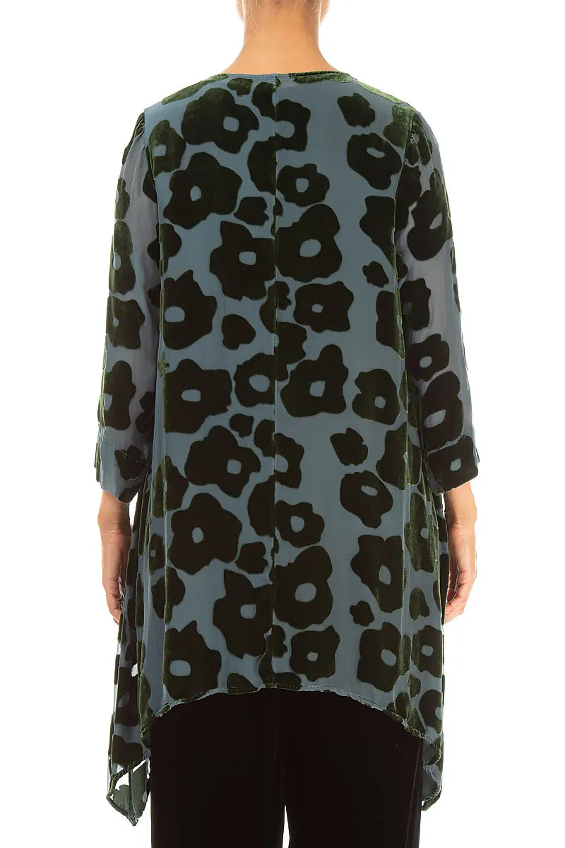 Longer Edge Shamrock Green Devoré Blooms Silk Velvet Tunic