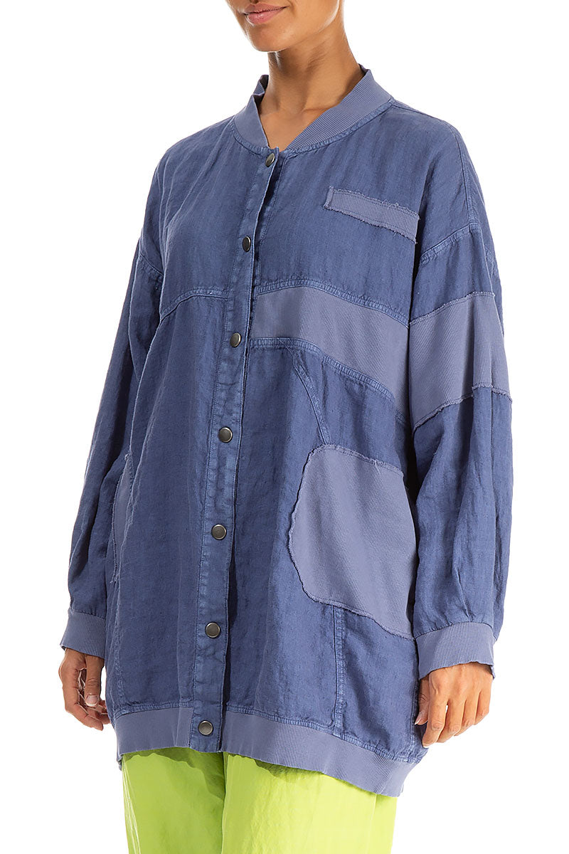 Loose Blue Off-Dye Linen Bomber Jacket 3
