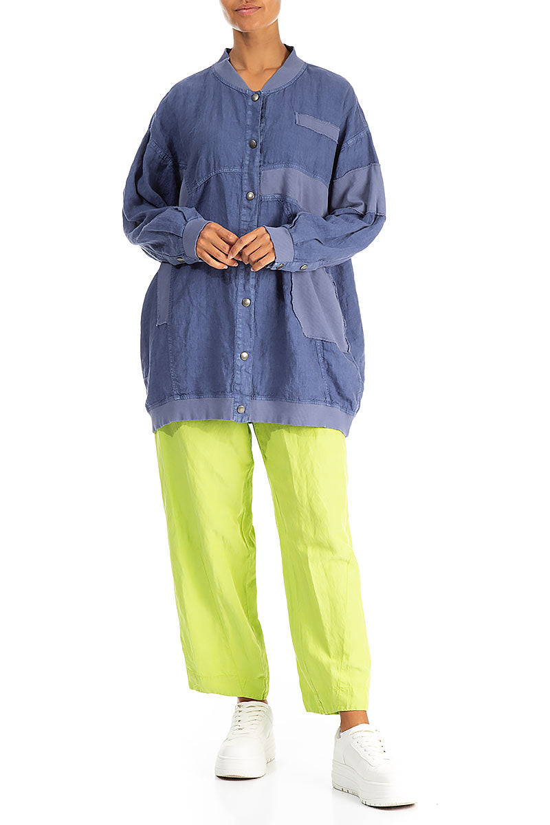 Loose Blue Off-Dye Linen Bomber Jacket 4