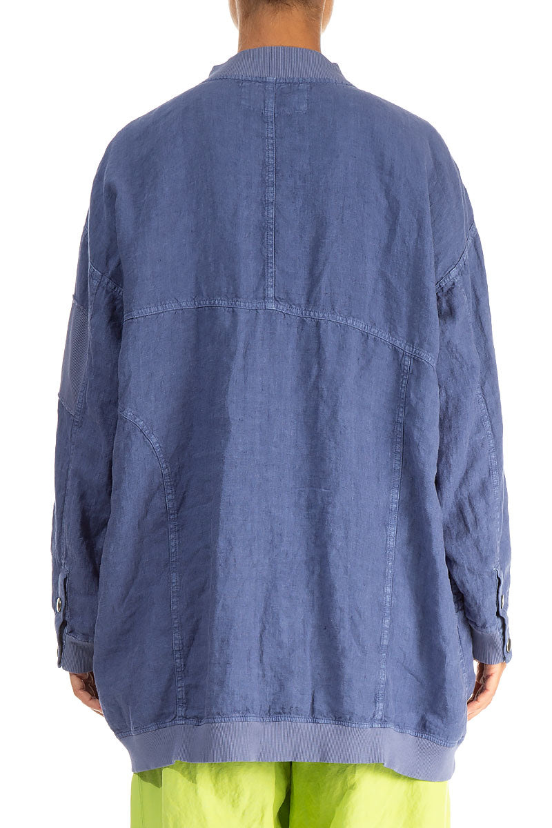 Loose Blue Off-Dye Linen Bomber Jacket 2