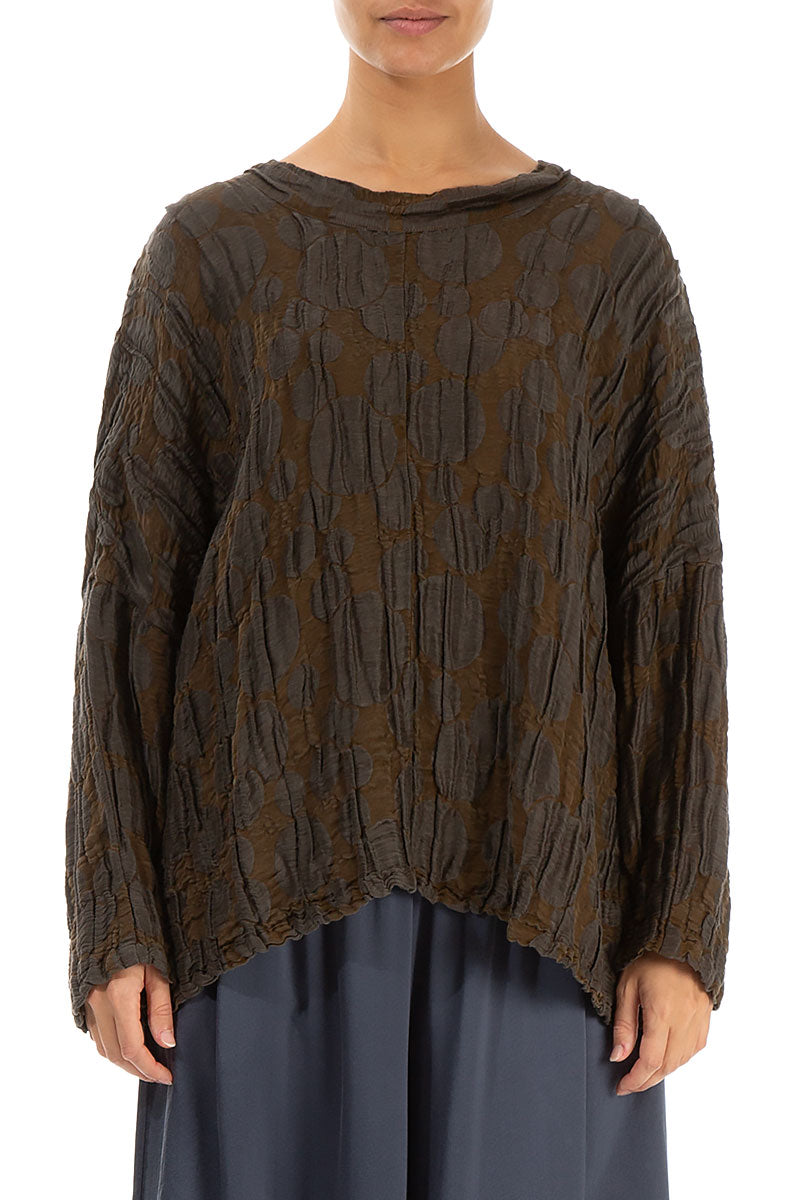 Loose Boxy Chocolate Circle Silk Linen Blouse 1