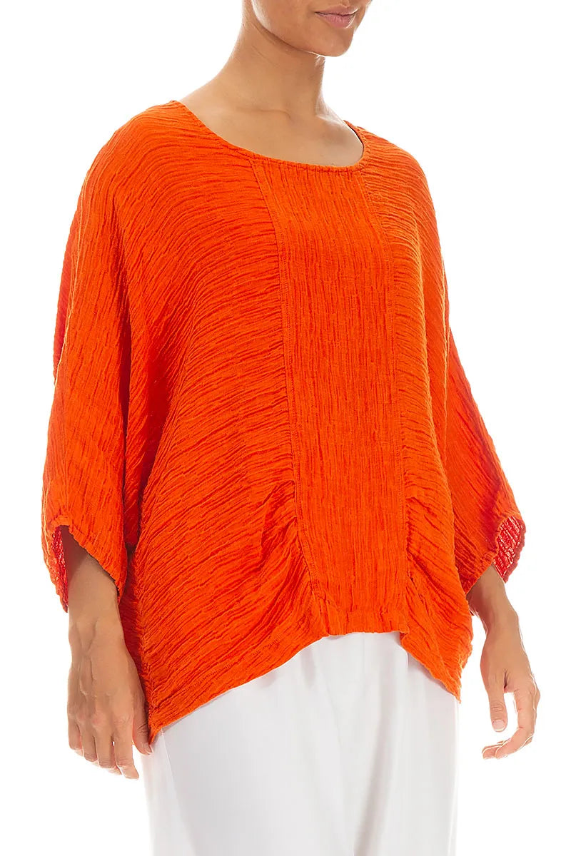 Loose Crinkled Flame Orange Silk Blouse
