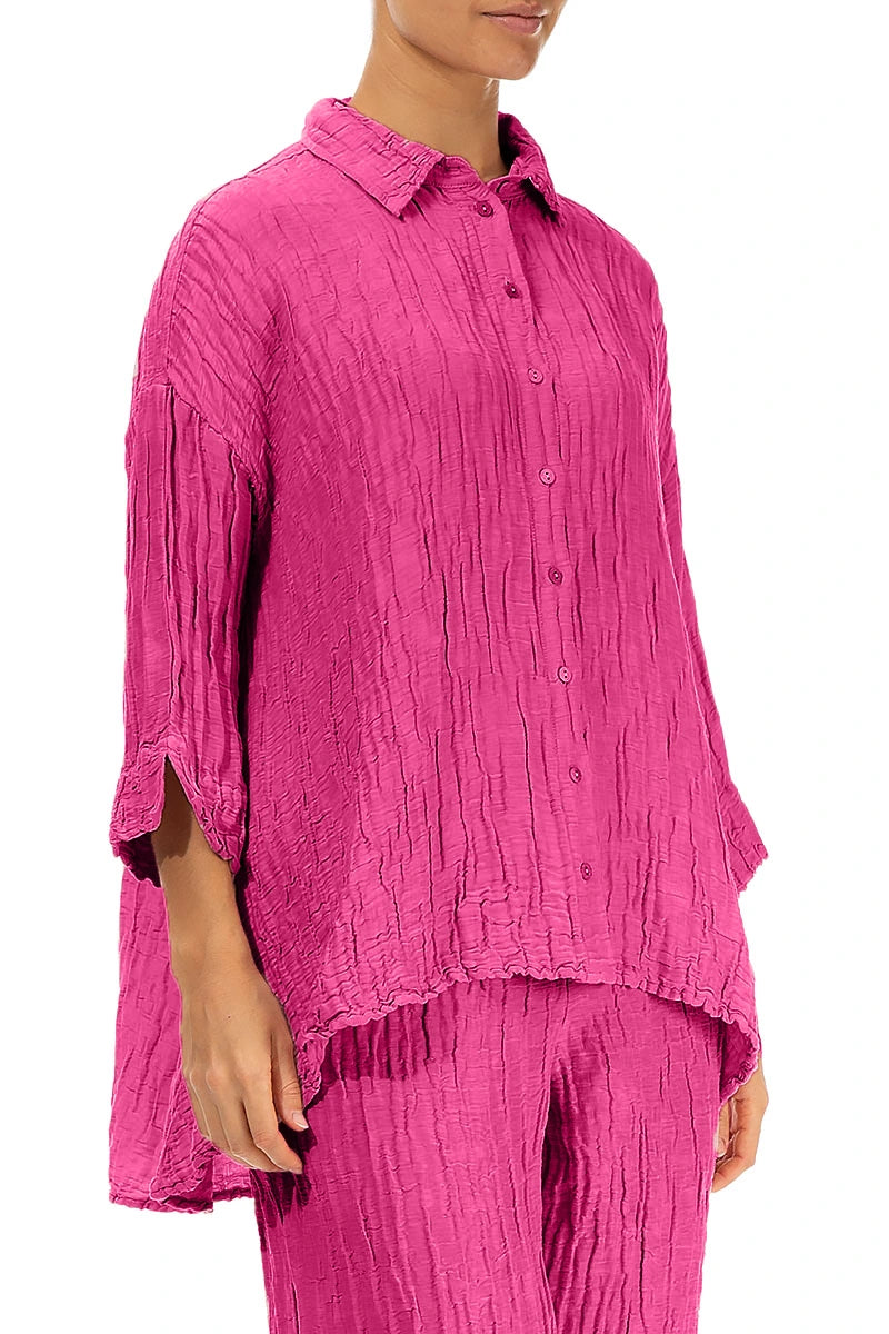 Loose Crinkled Fuchsia Silk Linen Shirt 3