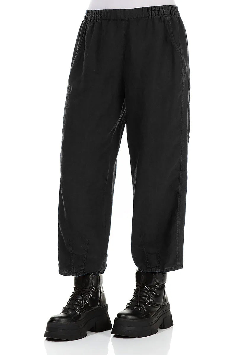 Loose Cropped Black Linen Trousers 3