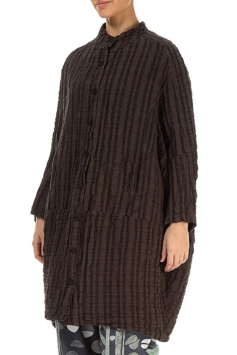 Veste ample en lin et coton à carreaux marron forêt