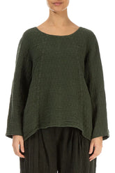 Loose Forest Mist Textured Linen Blouse 1
