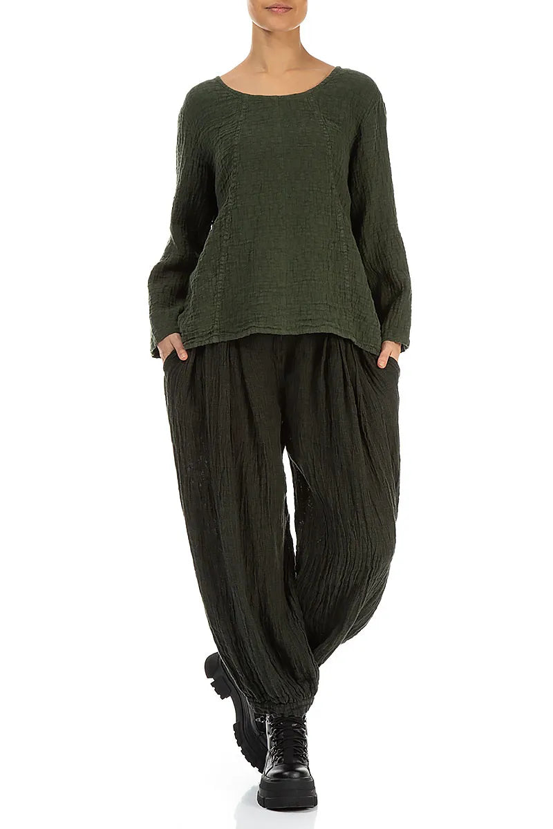 Loose Forest Mist Textured Linen Blouse 4