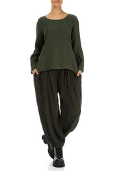 Loose Forest Mist Textured Linen Blouse 4