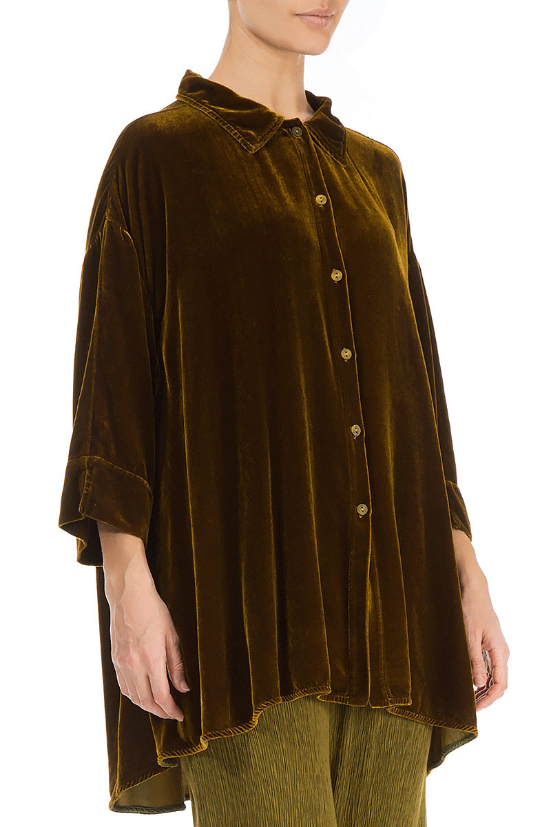 Loose Golden Olive Silk Velvet Shirt 3