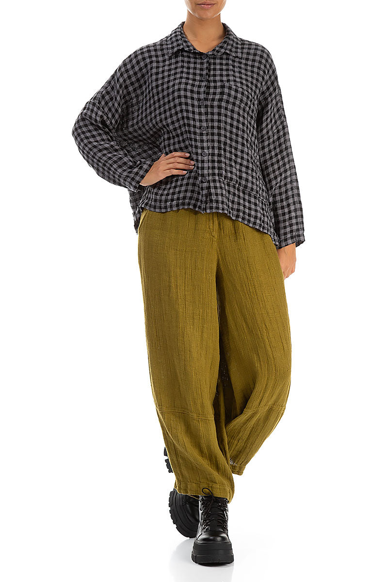 Loose Golden Olive Textured Linen Trousers 4