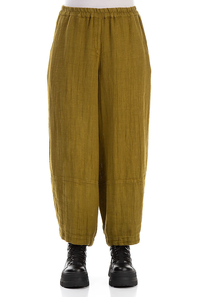 Loose Golden Olive Textured Linen Trousers 1