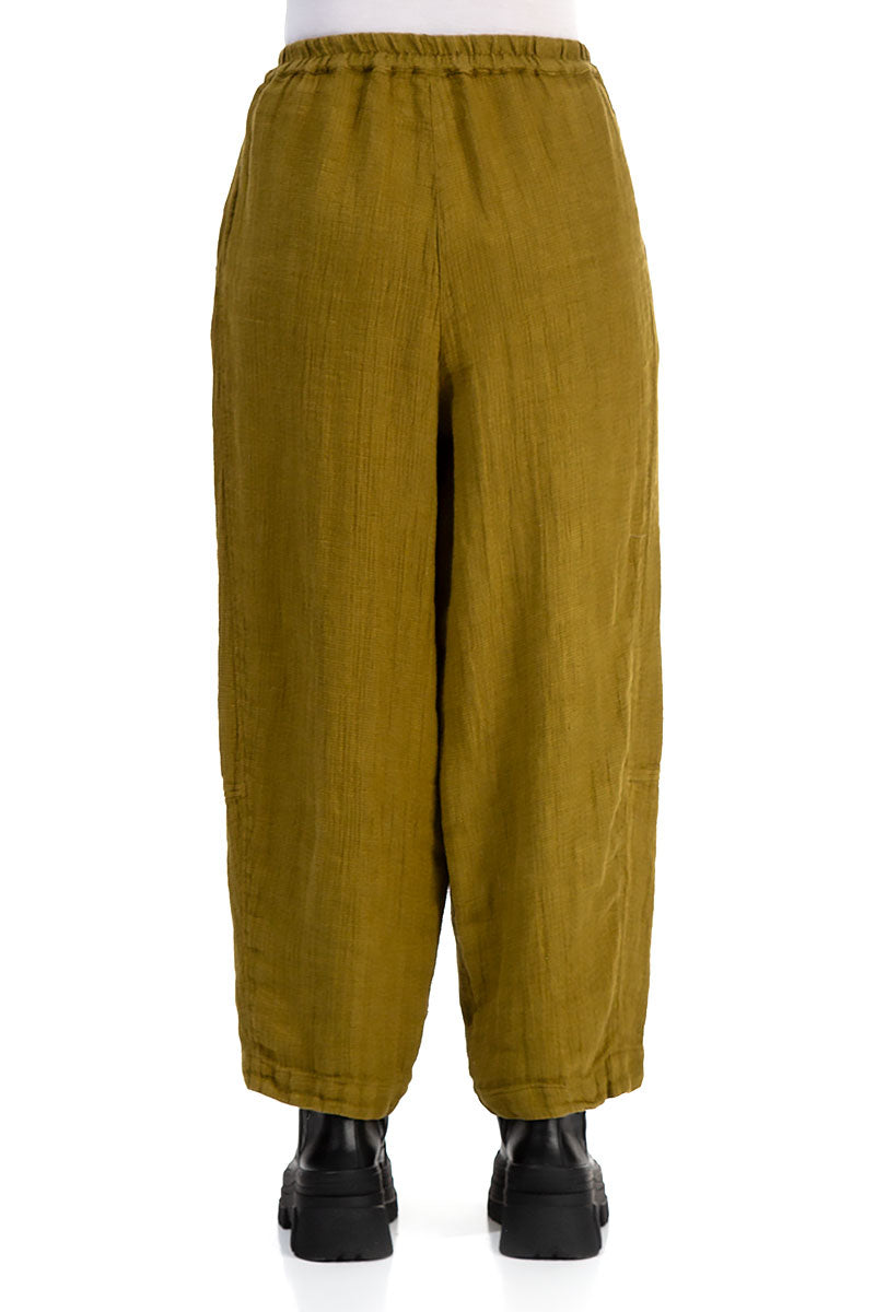 Loose Golden Olive Textured Linen Trousers 2