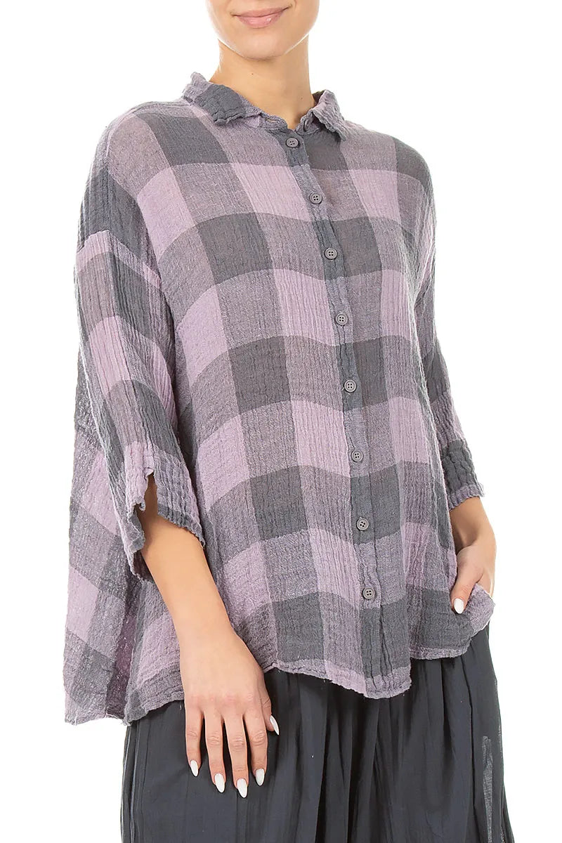 Loose Large Check Lilac Gauze Linen Shirt 3