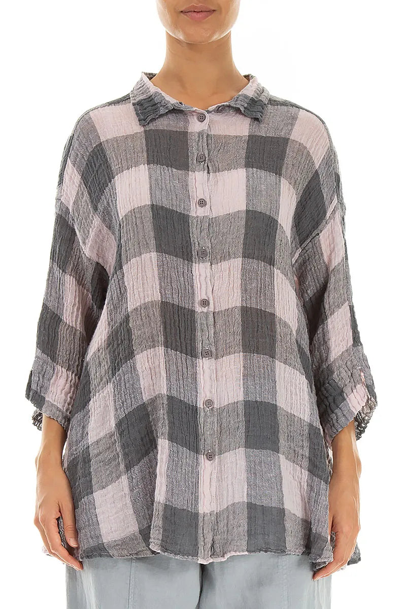 Chemise en lin gaze ample à grands carreaux rose lilas