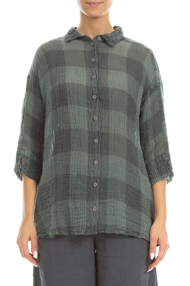 Loose Large Check Sage Gauze Linen Shirt 1
