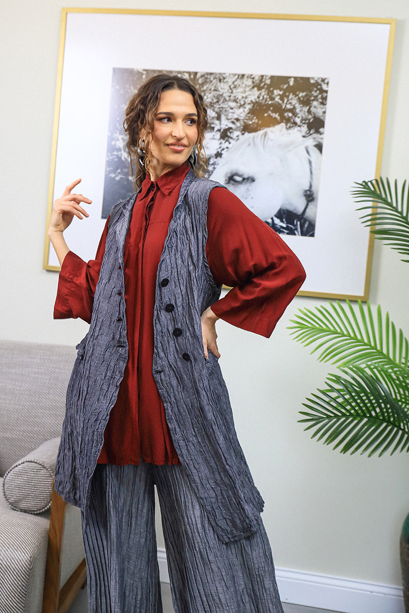 Loose Longer Back Dark Red Silk Bamboo Shirt 5