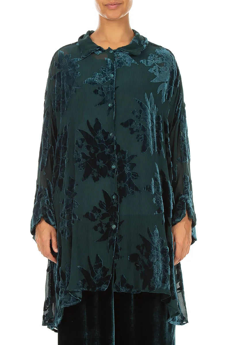 Chemise ample en velours de soie à motif paon dévoré