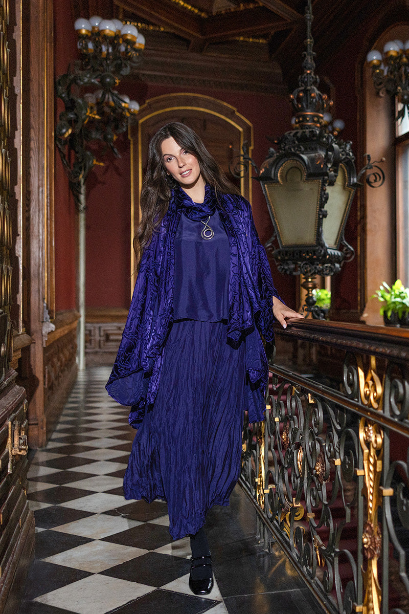 Loose Royal Purple Devoré Feather Silk Shirt 6