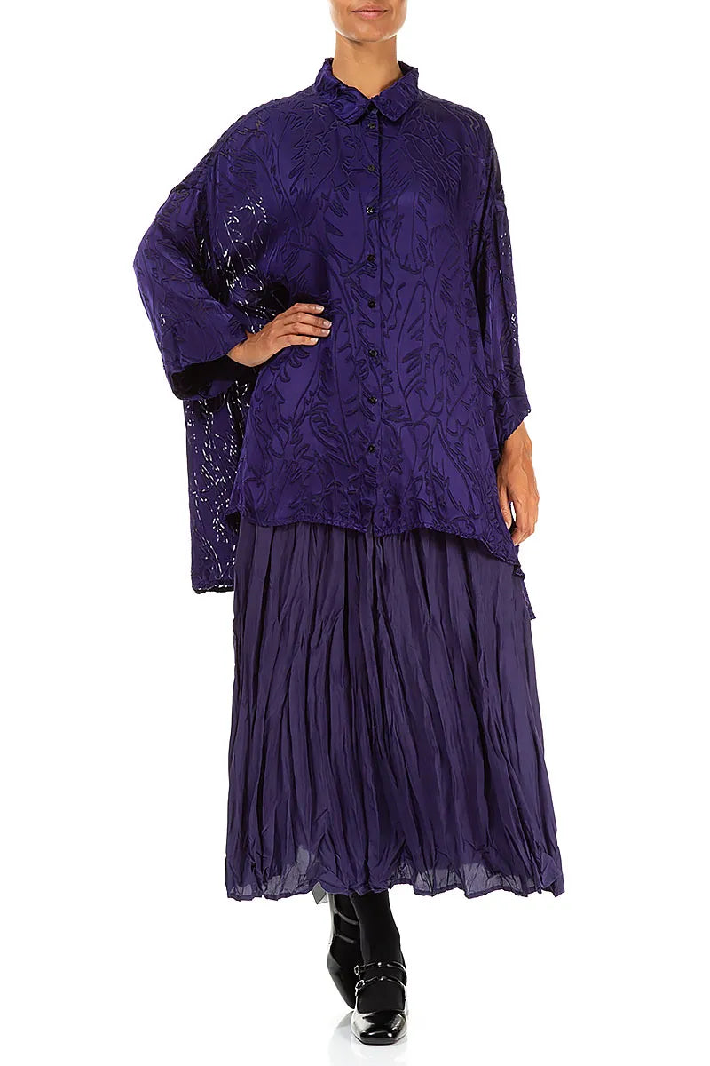 Loose Royal Purple Devoré Feather Silk Shirt 4