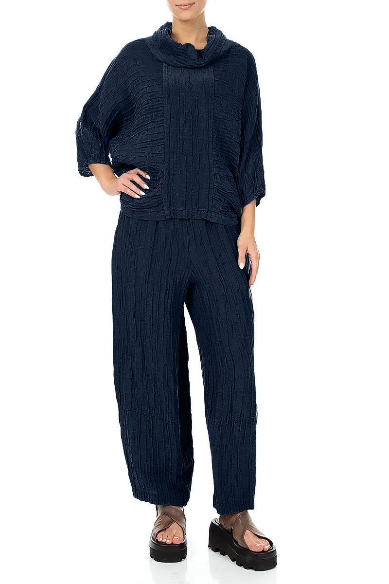 Loose Navy Crinkled Silk Linen Trousers 4