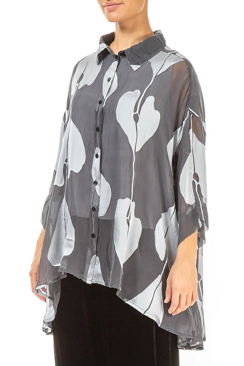 Loose Silver Devoré Leaves Silk Shirt 3