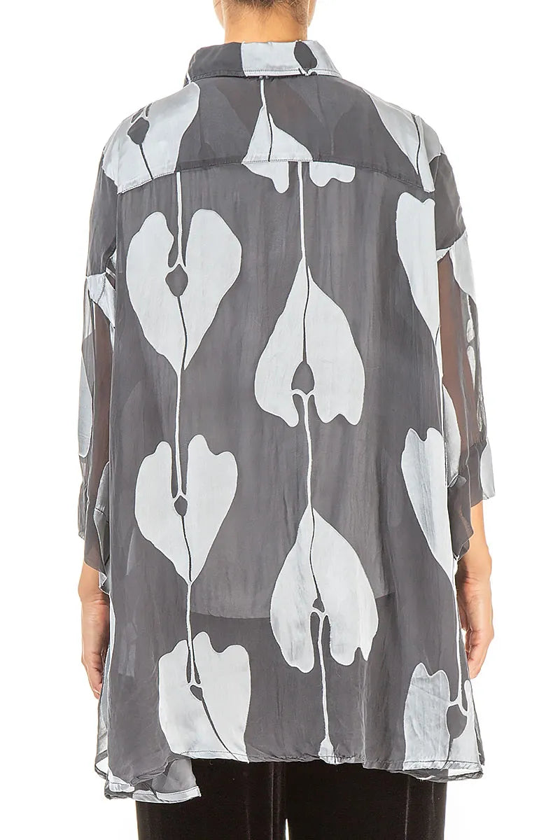 Loose Silver Devoré Leaves Silk Shirt 2