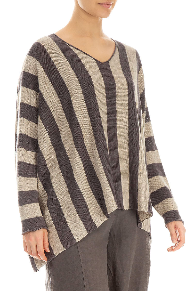 Loose V-Neck Striped Brown Linen Jumper 3