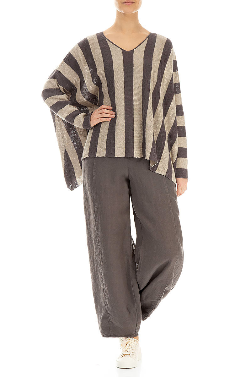 Loose V-Neck Striped Brown Linen Jumper 4