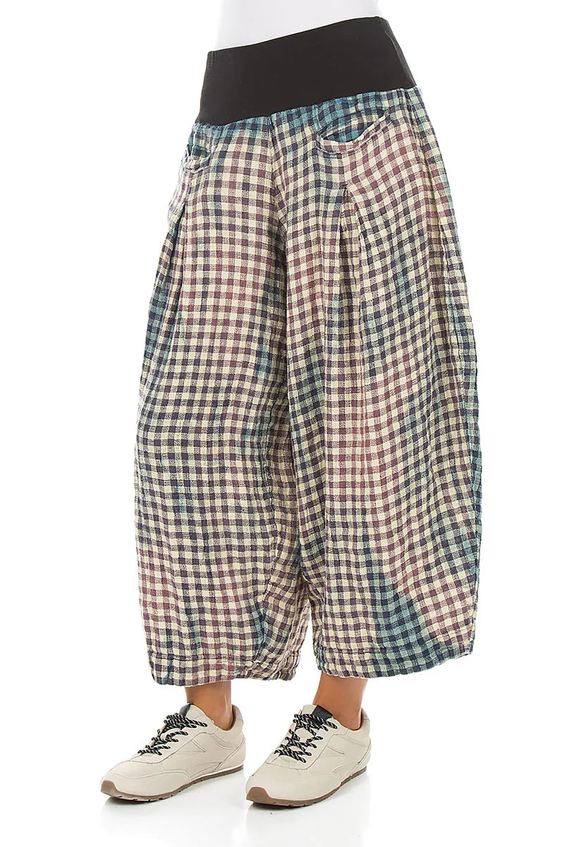 Loose Watercolour Check Linen Trousers 3