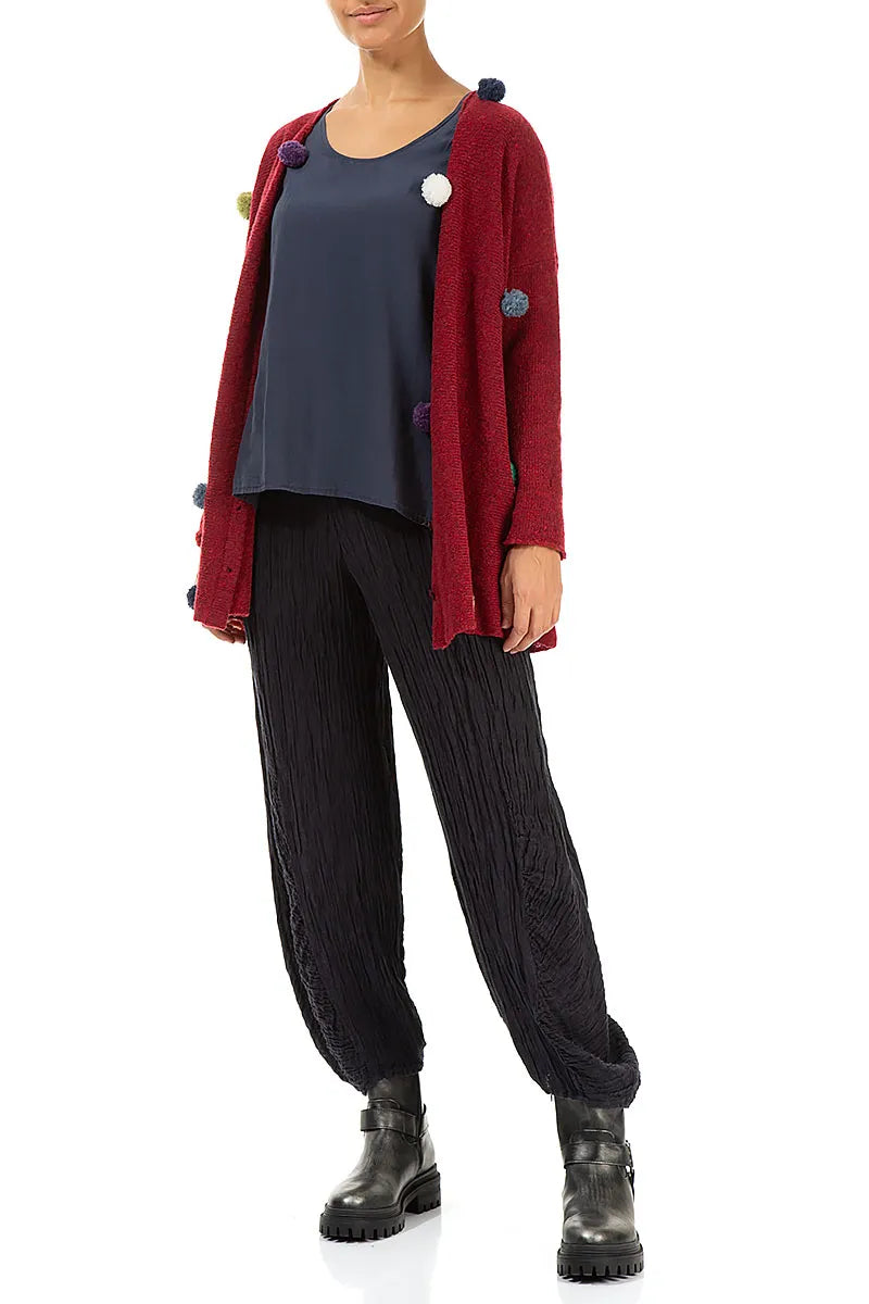 Pom-Pom Ruby Red Wool Cardigan 5