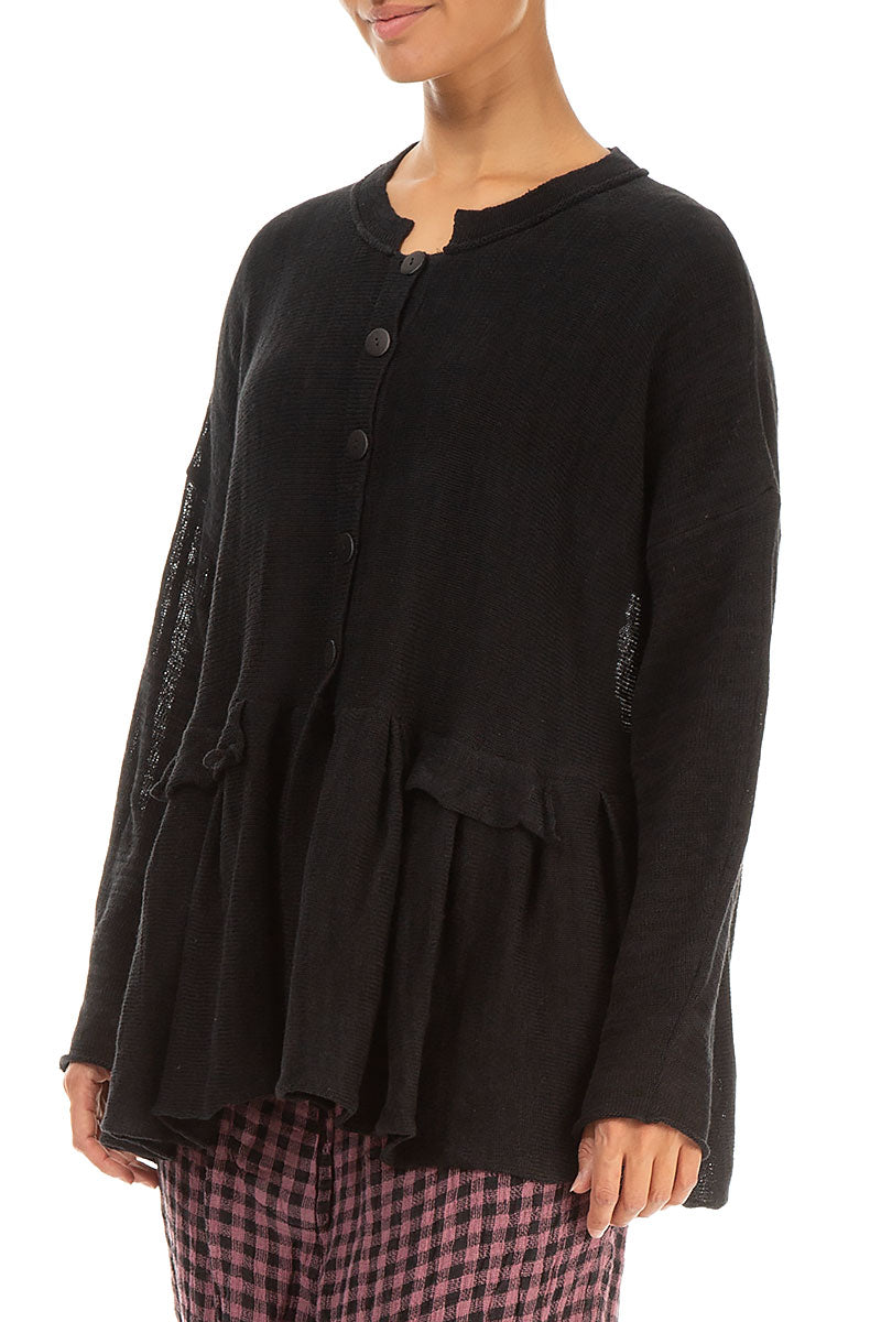 Frilled Hem Black Linen Cardigan 3