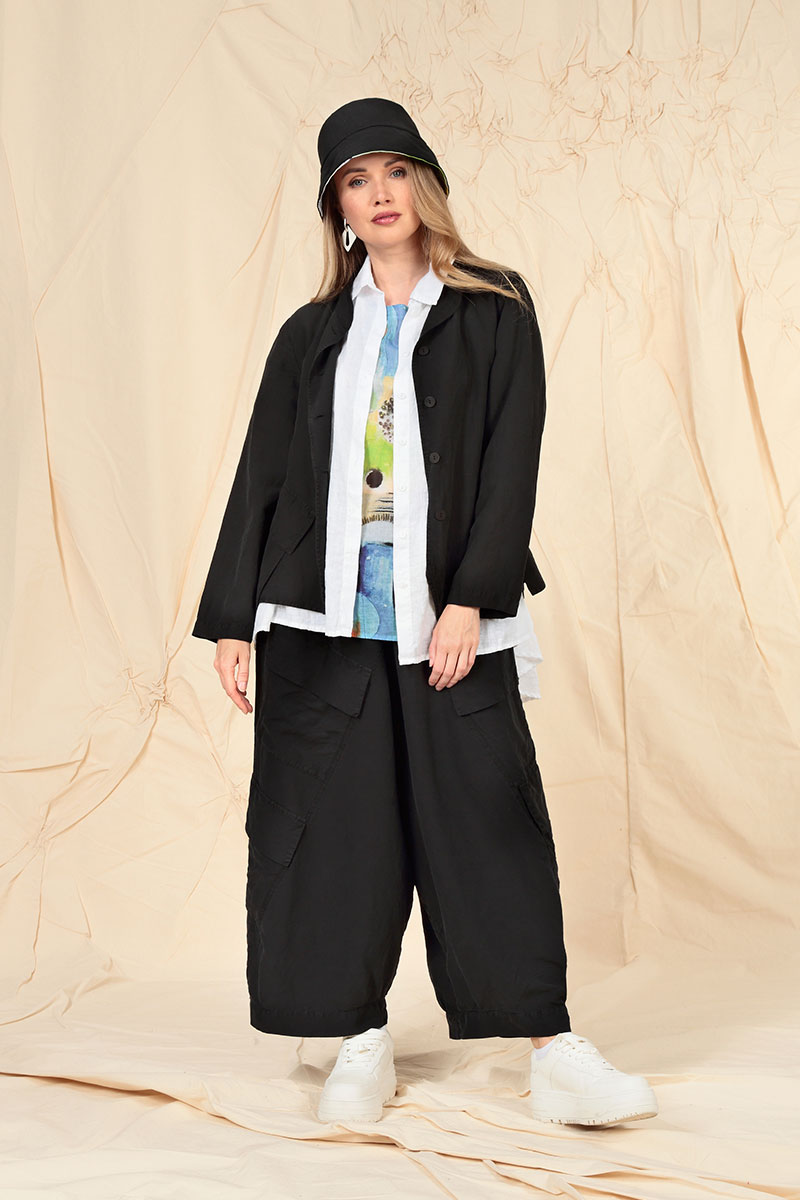 Side Pockets Wide Black Silk Linen Trousers 5