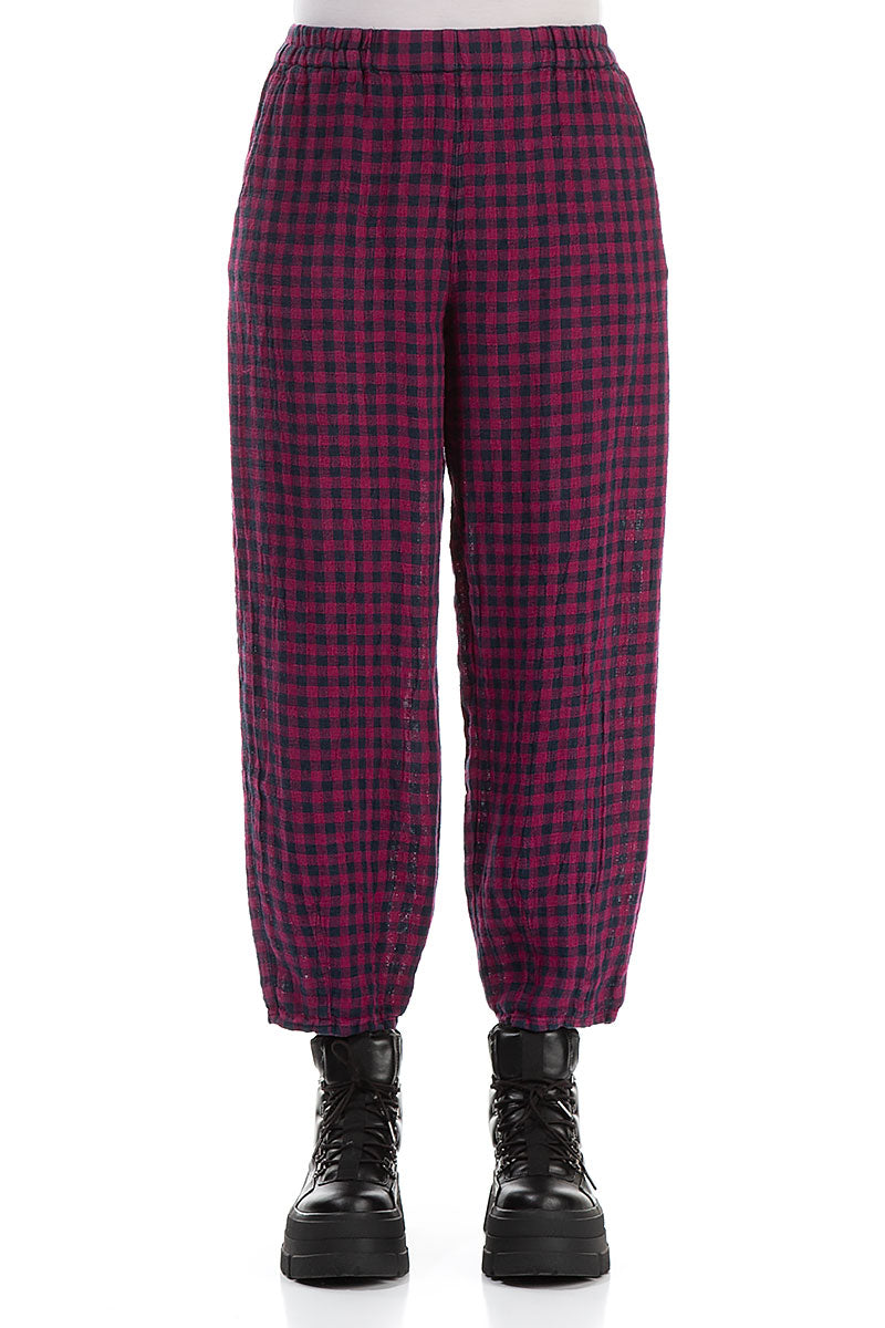Magenta Check Linen Pencil Trousers 1
