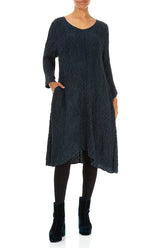 Midi Crinkled Navy Silk Dress 4