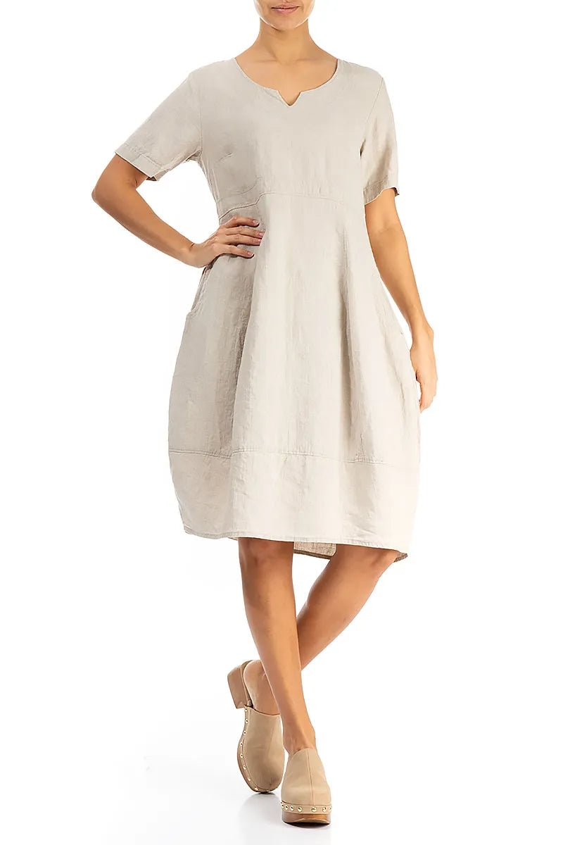 Midi V-Neck Natural Linen Dress