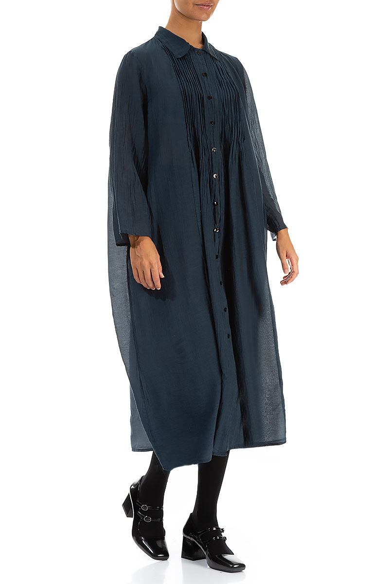Midnight Blue Pintuck Silk Cotton Jacket Dress 4