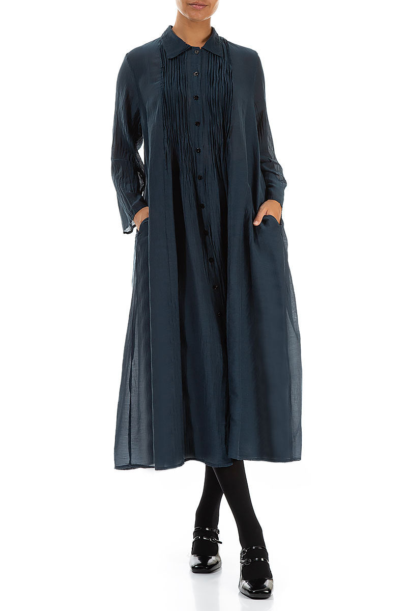 Midnight Blue Pintuck Silk Cotton Jacket Dress 3