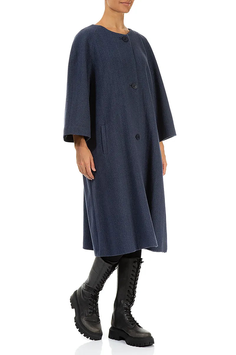Minimalist Blue Herringbone Wool Coat