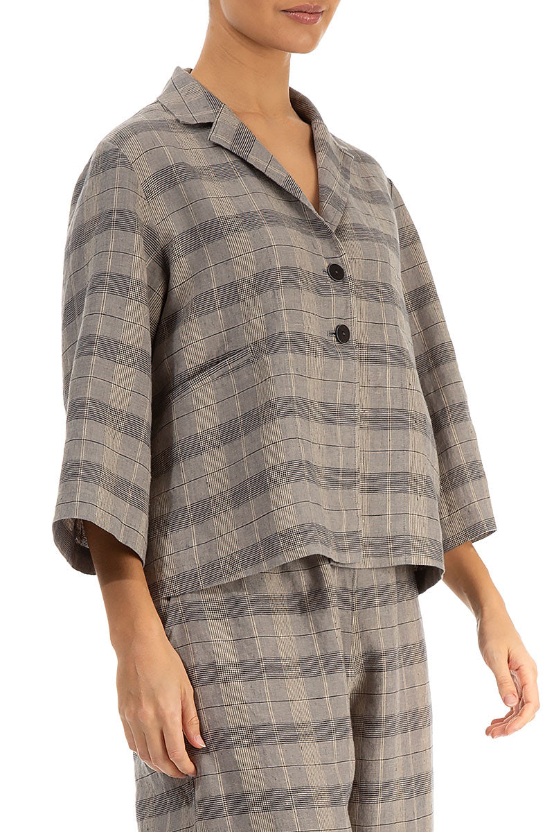 Notched Collar Greige Check Linen Jacket 3